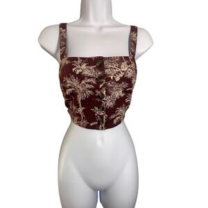 American Eagle Womens Maroon Tropical Palm Toile Linen Blend Button Crop Top M